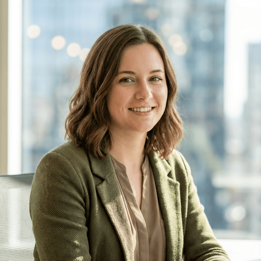 Portrait of a woman in her late 30s in business casual attire in a bright office