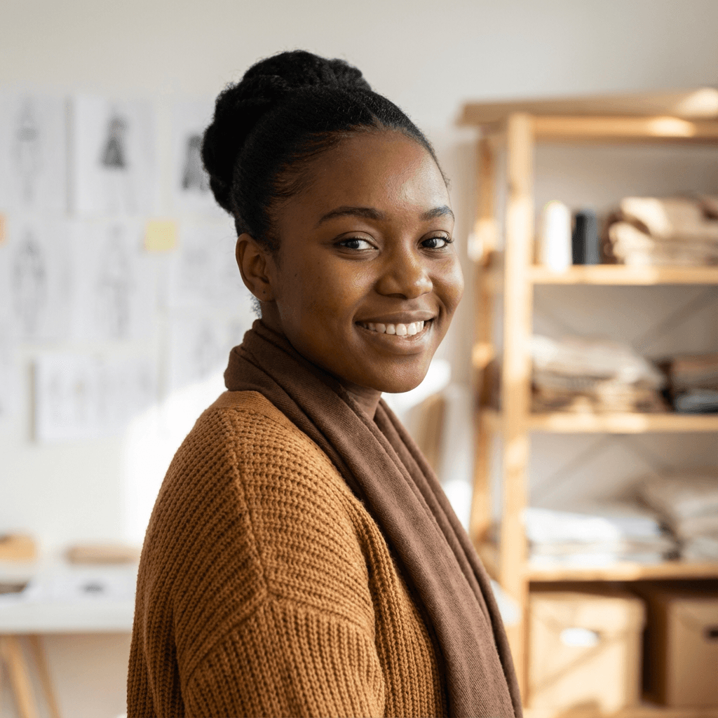 Portrait of a woman in her mid 30s smiling in a casual jacket in an urban setting