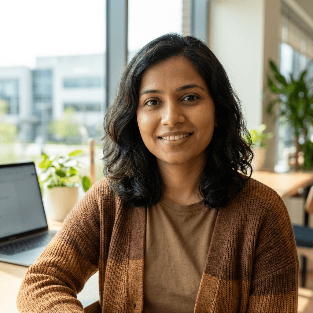 Priya Sharma, female driver in her early 30s, South Asian, friendly and relaxed appearance