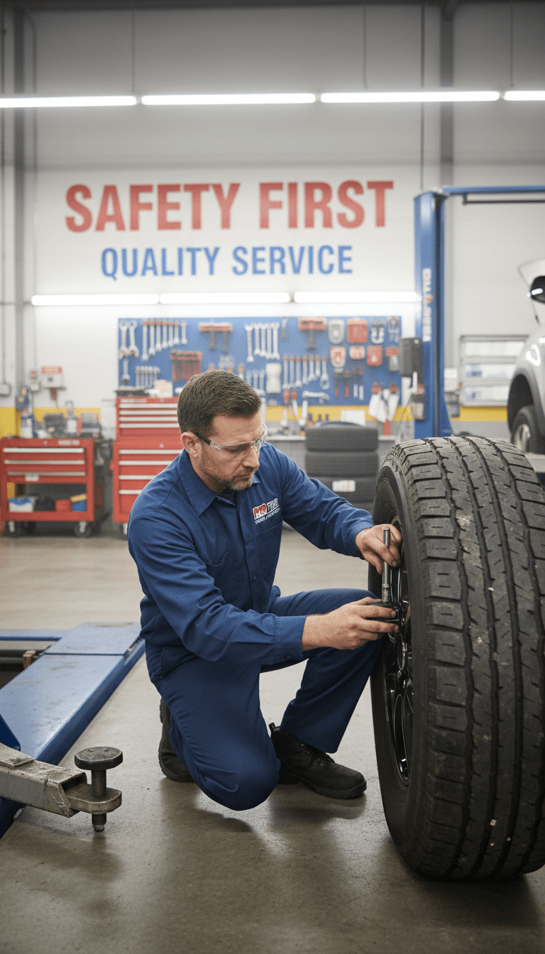 Tire technician inspecting a tire in a professional auto shop