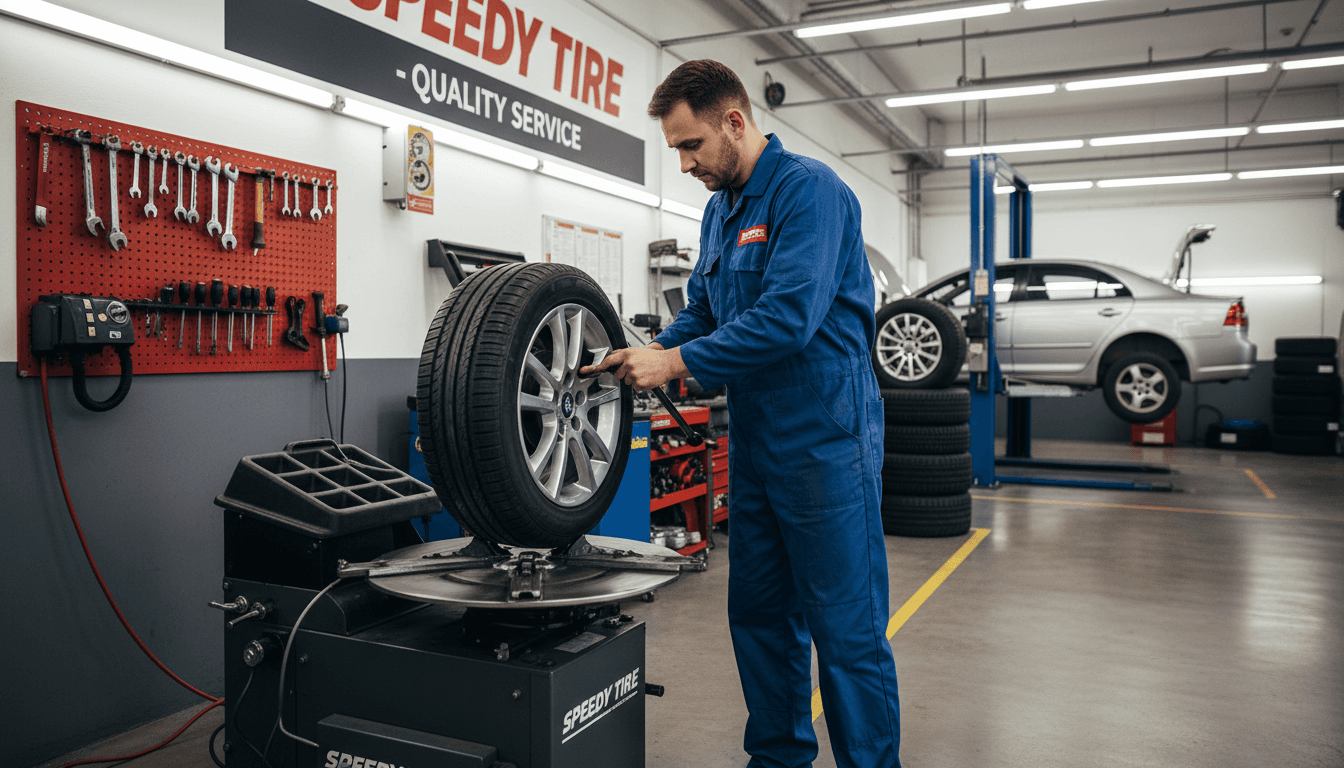 Mechanic installing a tire on a vehicle in a clean auto service shop