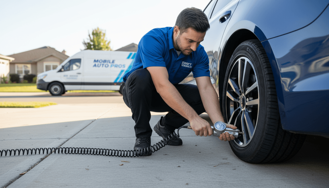 Mechanic checking tire pressure on a commercial truck