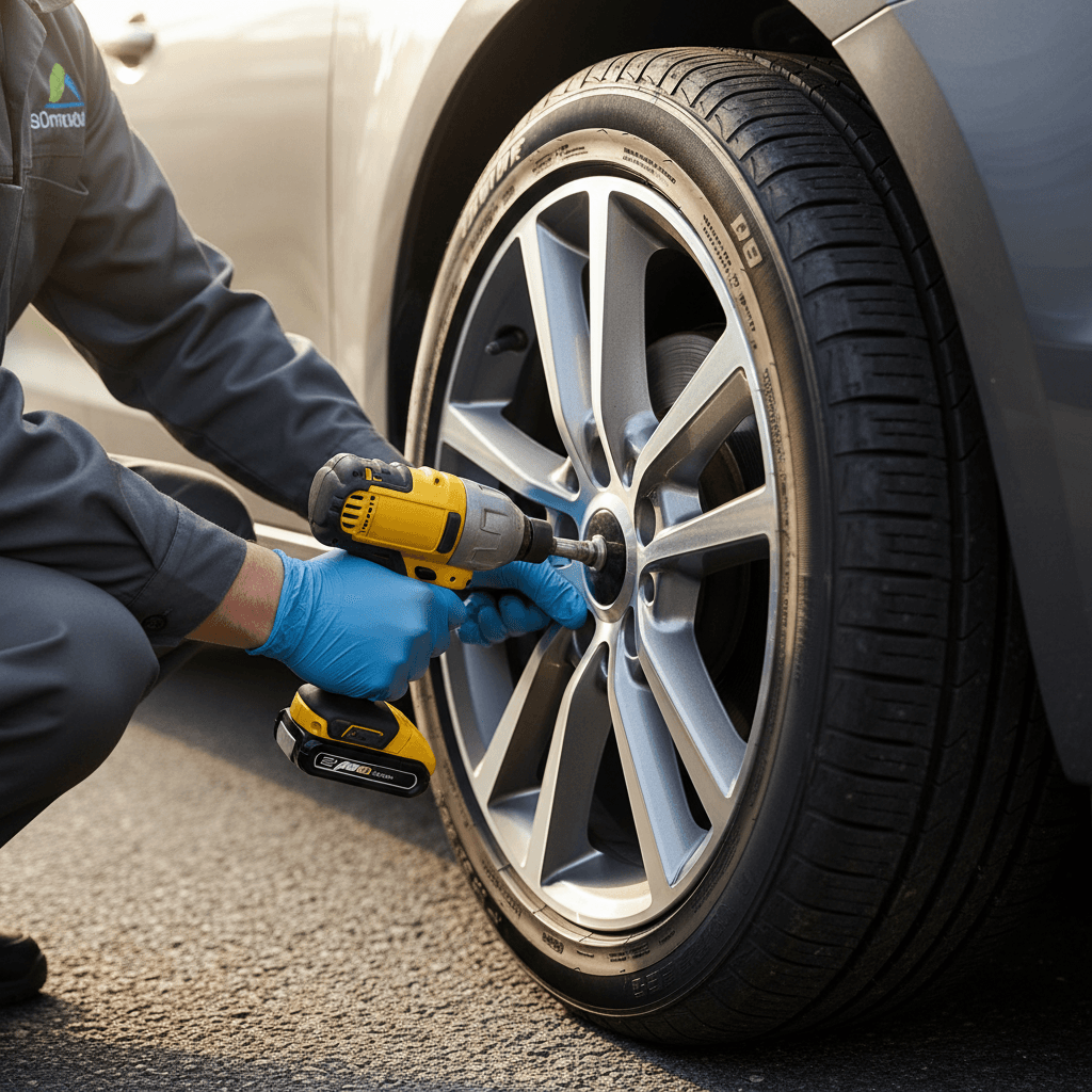 Mechanic installing a tire on a car in a professional auto service shop